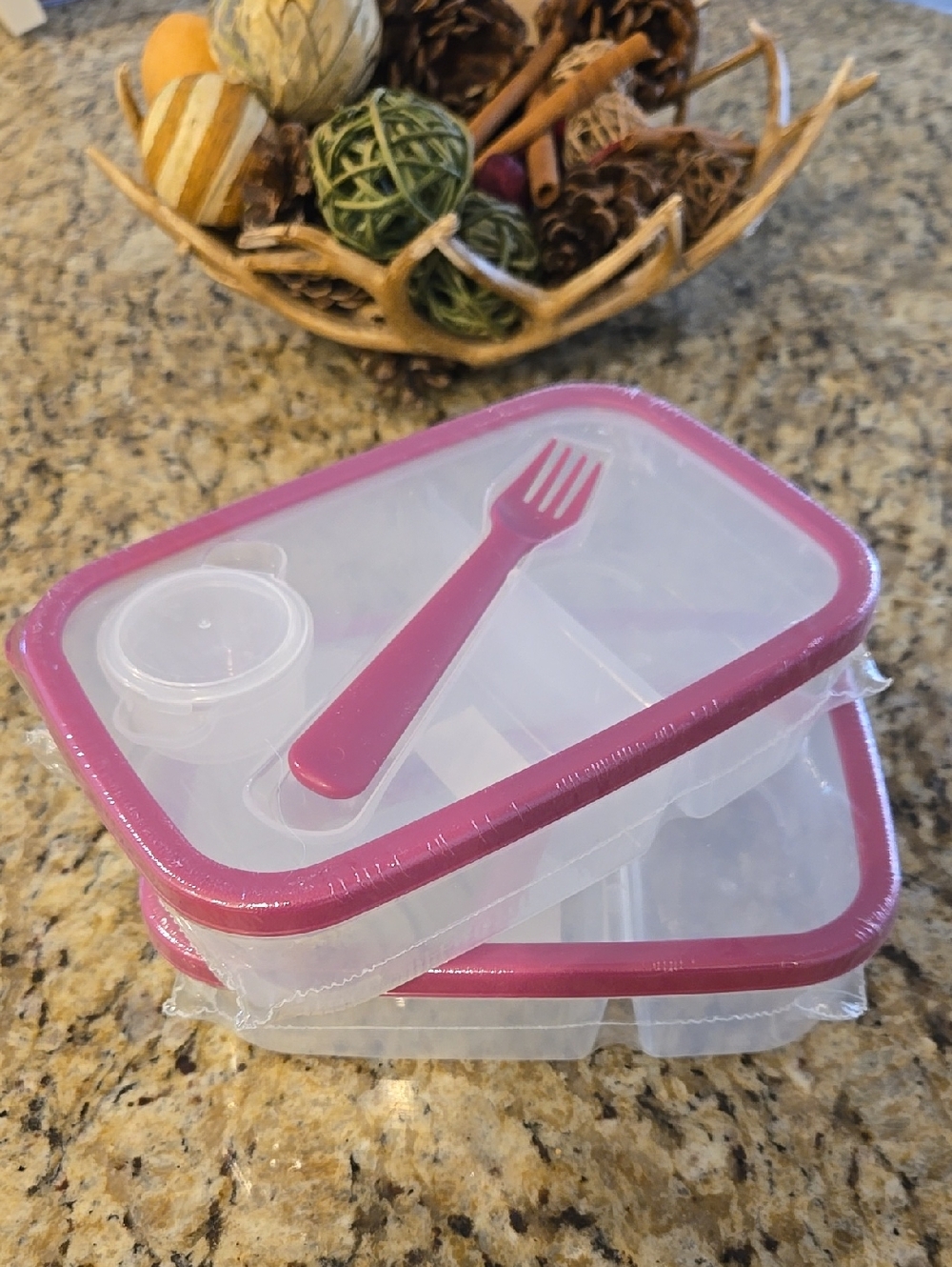 NEW Built Sectioned Tupperware Pink-Trim Bento Lunch Box Set with Fork